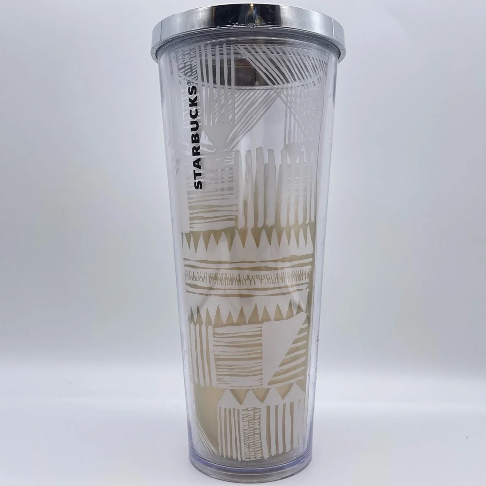 Starbucks 2014 Gold Silver White Ombré Tribal Aztec Geometric Print Tumbler Cup
